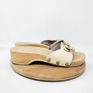 Dr Scholls Wooden Slide Sandals Womens 7 Original Clog Off White Austria Vintage